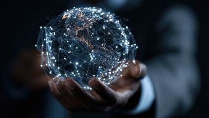A person's hand holds a glowing, digital representation of Earth, connected by a network of lines