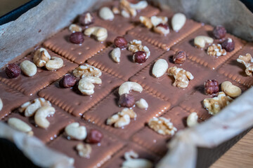 Homemade Chocolate Biscuit Cake with Nuts – Close-up Dessert
