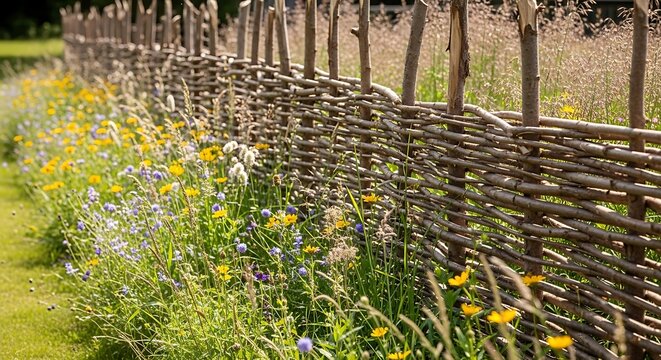 Rustic woven fence with wildflowers and green grass.