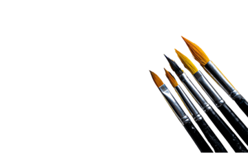 watercolor painting tools with paintbrushes and splashes of yellow color on an isolated on a transparent background in PNG format.