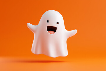 A friendly cartoon ghost character is smiling with open arms, creating an atmosphere of spooky fun for Halloween. 