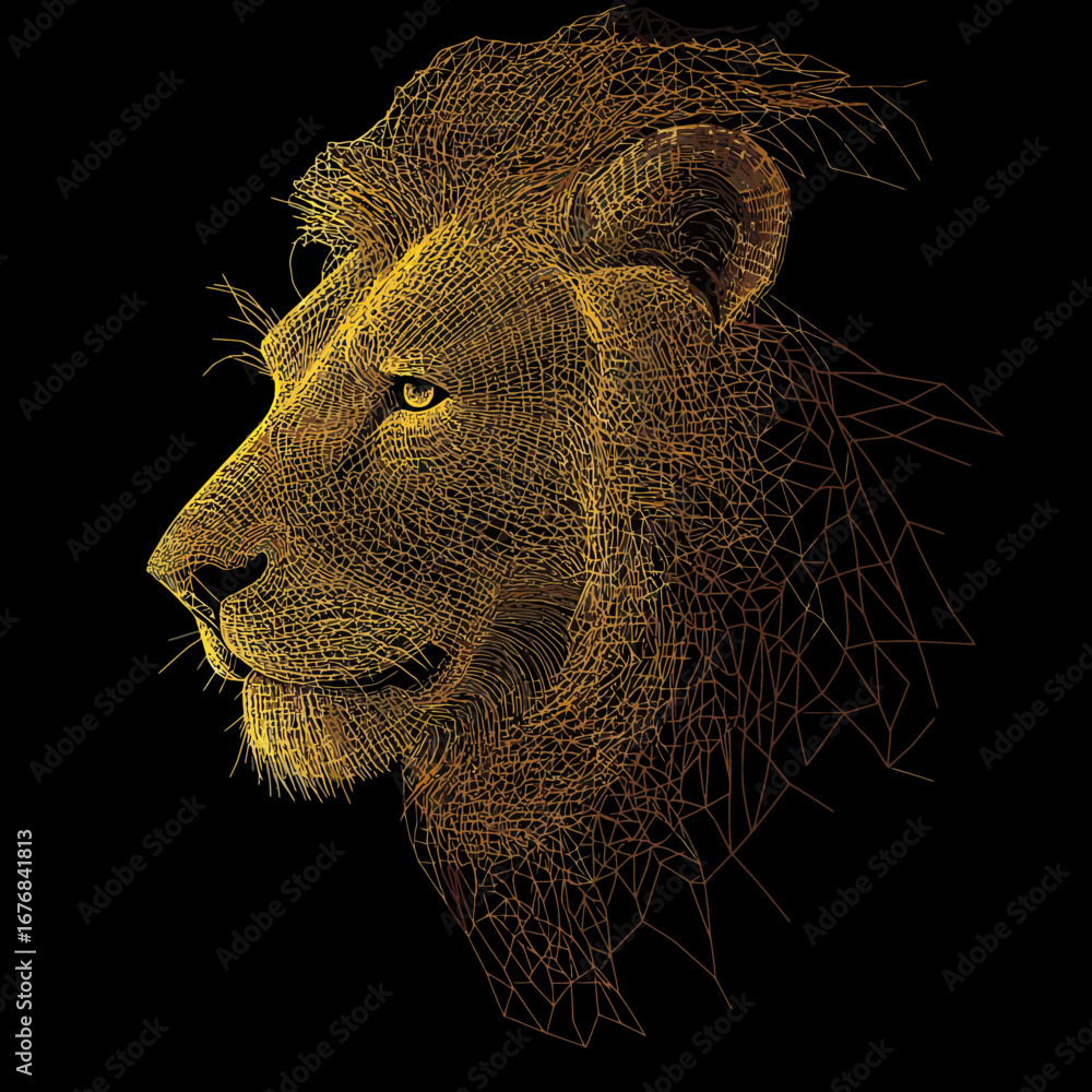 Poster golden wireframe lion head profile digital art with polygonal mesh lines and realistic 3d low poly g