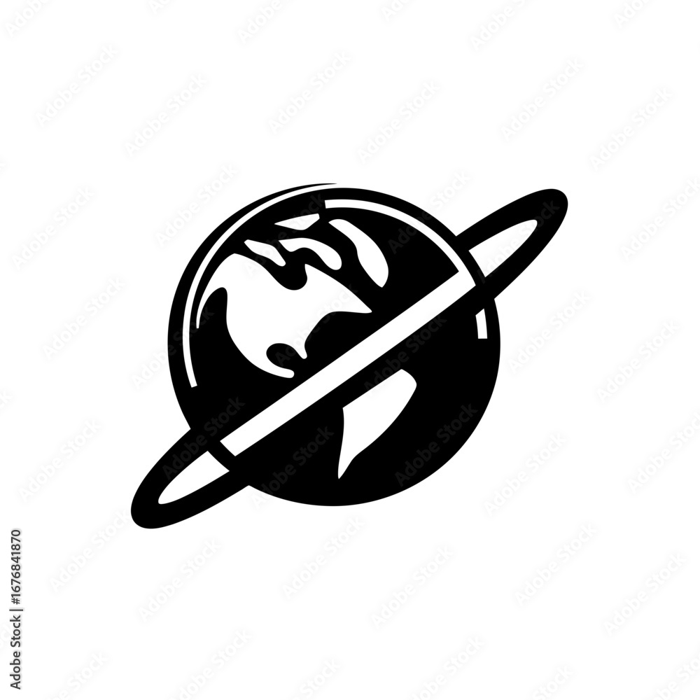 Poster black and white flat vector icon of globe with orbit ring symbolizing global connection and planetar