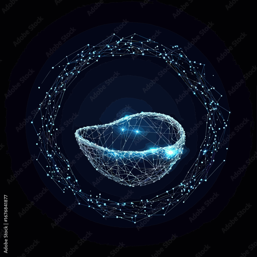 Poster digital low poly wireframe pearl inside open shell with glowing points and connected lines futuristi