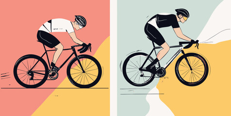 Minimalist vector illustration of competitive road bike racing cyclists in aerodynamic positions with abstract color block backgrounds for sports poster design