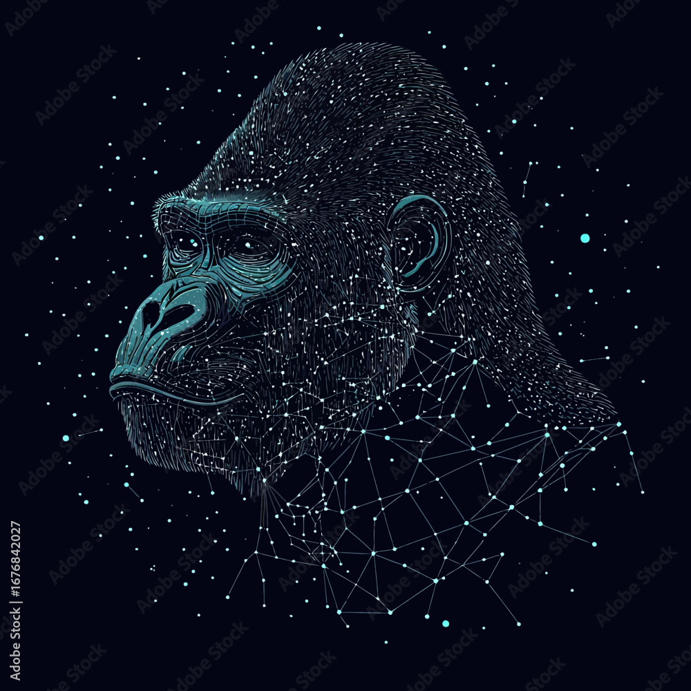 Poster abstract gorilla head vector illustration with geometric lines dots starry sky cosmic connection fut