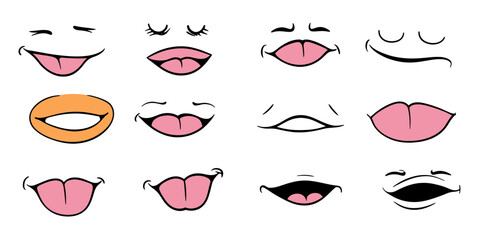 Set of twelve cartoon doodle mouth expressions with smiling, tongue out, closed lips, and open lips in minimalist vector style illustration for emotions concept