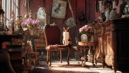 Obraz premium A calico cat sits regal in a sunlit antique room