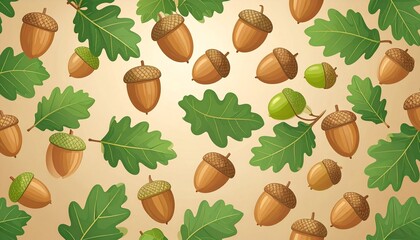 Colorful acorns and oak leaves creating a warm autumnal pattern for seasonal decor or design projects