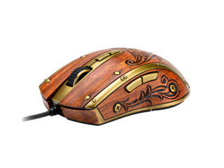 Wooden gaming mouse with gold accents and intricate design  isolated