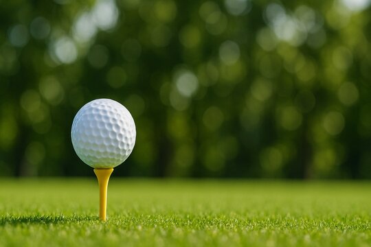 Golf ball poised on a tee catching the sunlight showcasing the elegance of the game of golf in perfect conditions for a perfect swing