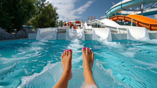 Exciting water slide adventure captured in three sequential frames, showcasing feet splashing through water, descending the slide, and the thrilling rush of summer fun in a vibrant water park setting