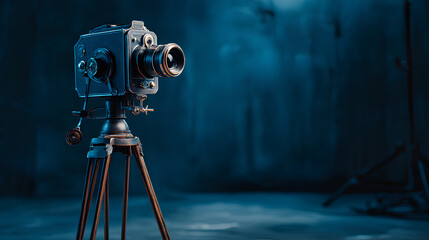 Vintage Camera on Tripod in Dark Blue Studio Setting