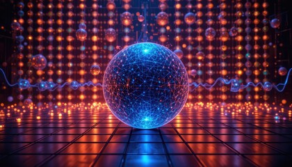 Glowing Blue Network Sphere in Futuristic Grid Room
