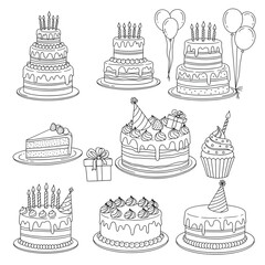 set of birthday cakes vector
