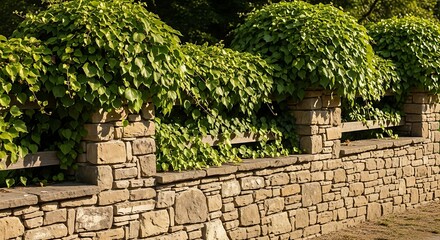 Stone wall with green plants, a beautiful garden scene.