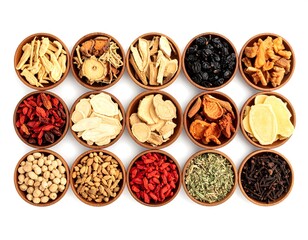 Assorted Dried Herbs and Spices in Small Bowls