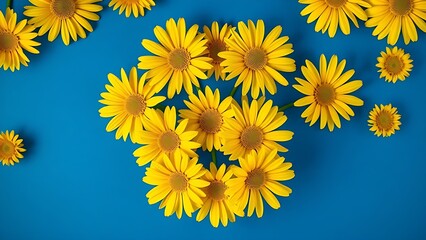 Vibrant yellow gerbera daisies arranged in a circular pattern against a deep blue background, creating bold contrast.