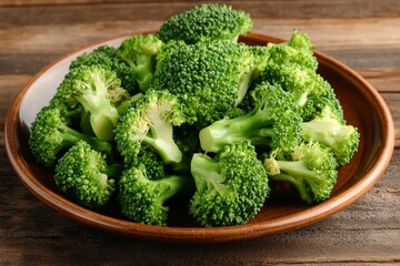 Plate of Fresh Green Broccoli Florets on a Rustic Wooden Table