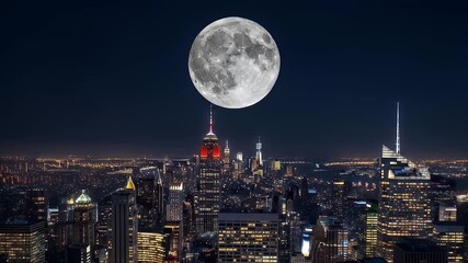 Night aerial view of cityscape with brightly lit buildings and a large full moon