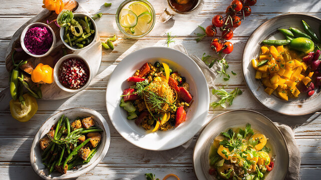 Colorful display of fresh vegetables and healthy dishes on a rustic table during a summer gathering