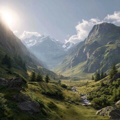 Fototapeta premium Valley landscape with mountains, river, and sunlight shining down on lush green valley
