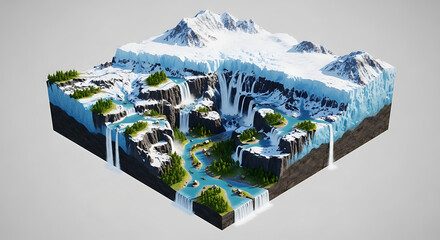 Glacial Rivers Landscape Isometric View Nature's Majesty in Detailed Terrain