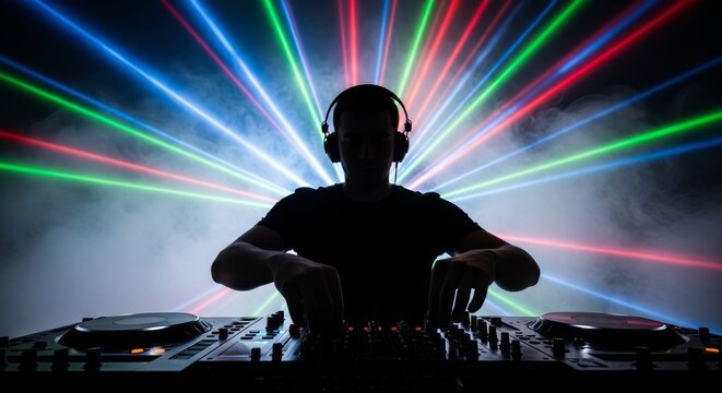 DJ silhouette against laser lights  fog wearing headphones mixing on a console Dark setting