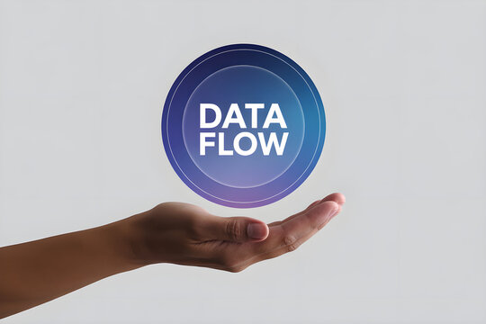 A hand holding a glowing blue sphere with the text "DATA FLOW" in the center, against a clean, minimalist background. - Powered by Adobe
