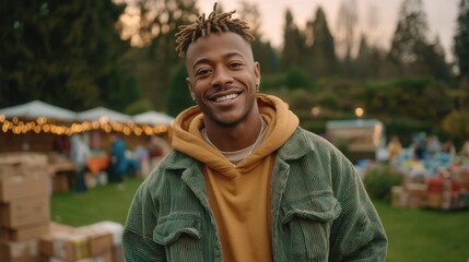 Fototapeta premium Young smiling man outdoors at a lively market during golden hour, wearing a tan hoodie and green jacket with blurred background of tents and people