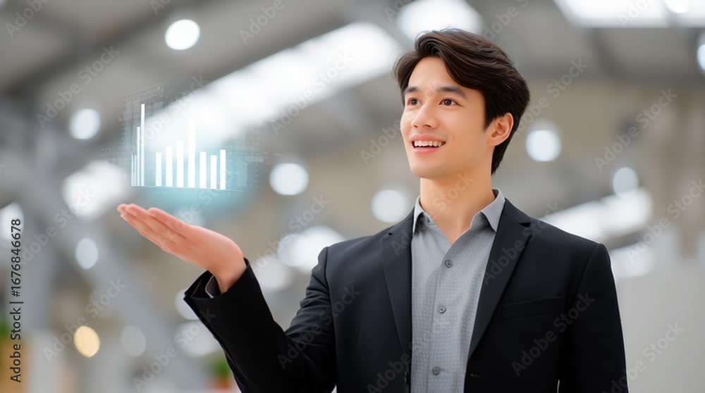 Poster young asian man in a suit presenting a digital graph with enthusiasm, showcasing data visualization 