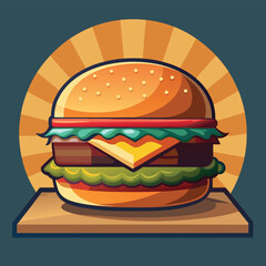 A Delicious Cartoon Burger on a Wooden Tray with a Retro Sunburst Background