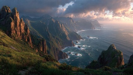 and keyword list based on the image provided

 Cliffside Panorama Rugged Coastline Meets the Sea at Dusk, Dramatic Skies.