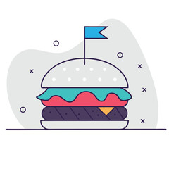 A Minimalist Vector Illustration of a Delicious and Juicy Burger, Surrounded by Fresh Green Leaves