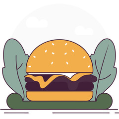 A Modern Minimalist Burger with a Flag on Top - A Fun and Stylized Vector Illustration
