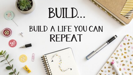 Inspirational workspace scene with motivational quote and creative elements