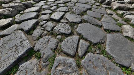 Roman-inspired cobblestone road with worn historic stones and aged textures ideal for ancient architecture reconstructions and historical scenes