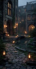 Fototapeta premium Gothic courtyard at dusk, lit by lanterns