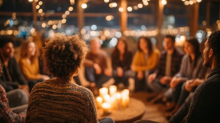 Diverse group of friends enjoying cozy evening gathering around candles on rooftop with city lights in background