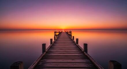Obraz premium Illustration of a wooden pier stretches into the calm sea under a vibrant sunset sky, creating a tranquil and scenic landscape