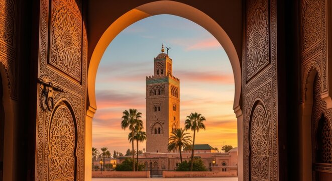 View of the koutoubia mosque minaret in marrakech through an ornate archway at sunset