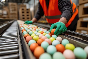 Worker in safety gear inspecting colorful eggs on conveyor belt in industrial setting