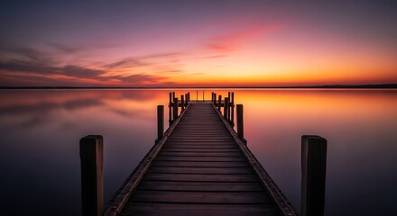 Obraz premium Illustration of a wooden dock stretches into a tranquil lake at sunset, reflecting the colorful sky and creating a serene landscape