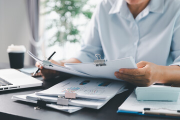 Business person with contract law and paper work for business finance, loan application form,...