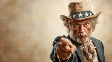 Vintage inspired image of the iconic Uncle Sam character with a patriotic hat and uniform sternly pointing his finger with an authoritative expression against an aged textured paper background