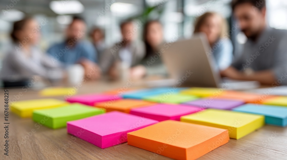 Aufkleber creative brainstorming session utilizing sticky notes in a modern office environment during the afte
