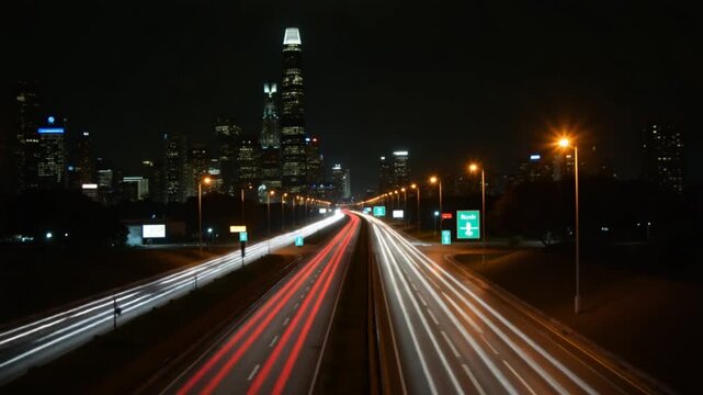 Night city highway with traffic and blurred lights passing