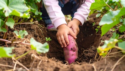 サツマイモ掘りをする子供の手