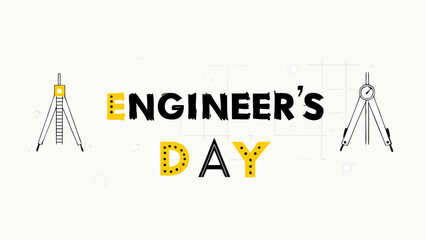 Engineer's day celebration with drafting compasses and yellow dotted letters on a white background design silhouette