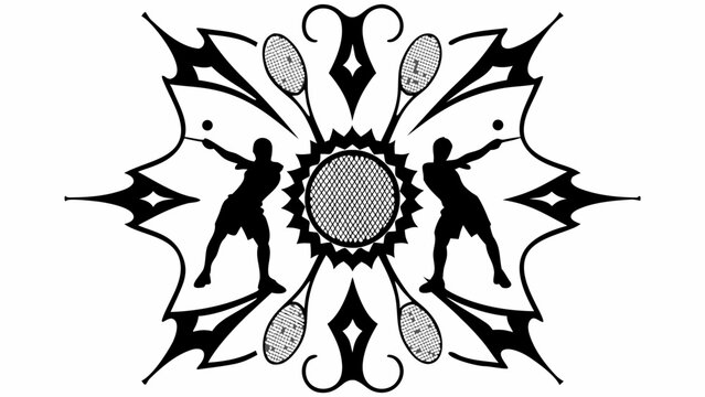 Silhouette design featuring tennis players rackets and a central circular net pattern in black and white style